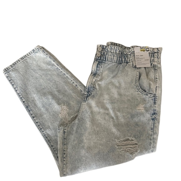 Blue Acid Wash Relaxed Fit High Rise Mom Distressed Jeans - Picture 1 of 12